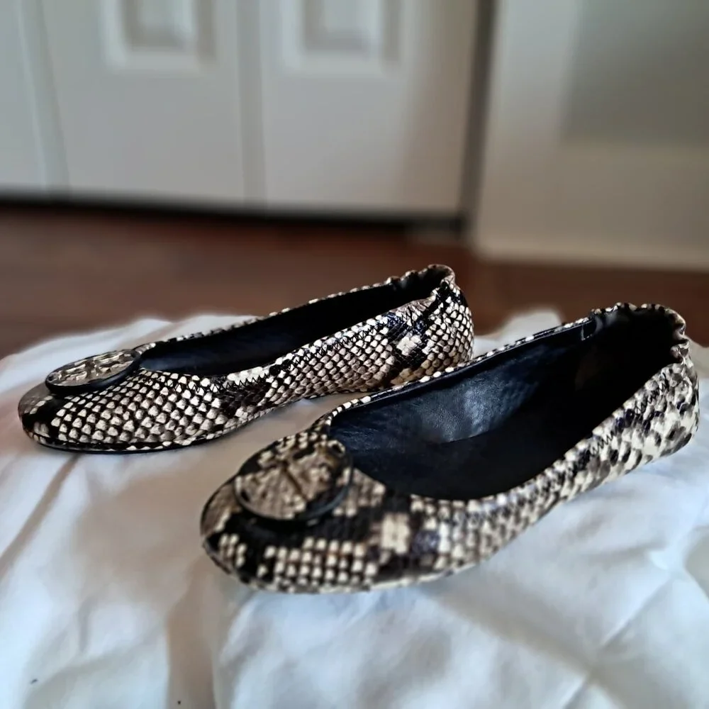 Tory Burch Snake-Print Leather Logo Ballet Flats in Beige, Brown & Black